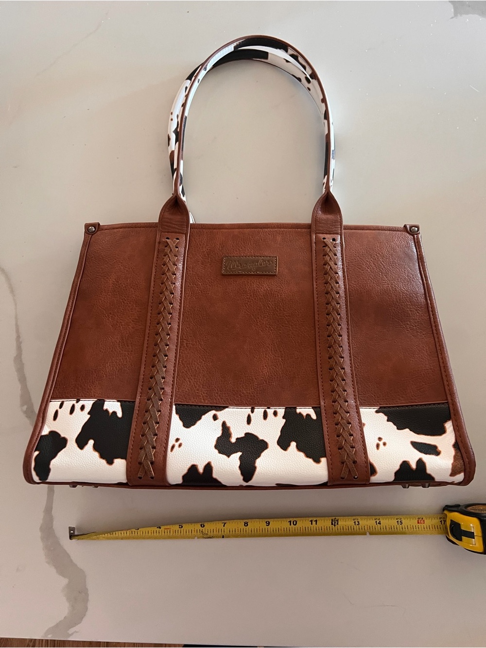 Wrangler Brown Tote with Black-and-White Cowprint Accents